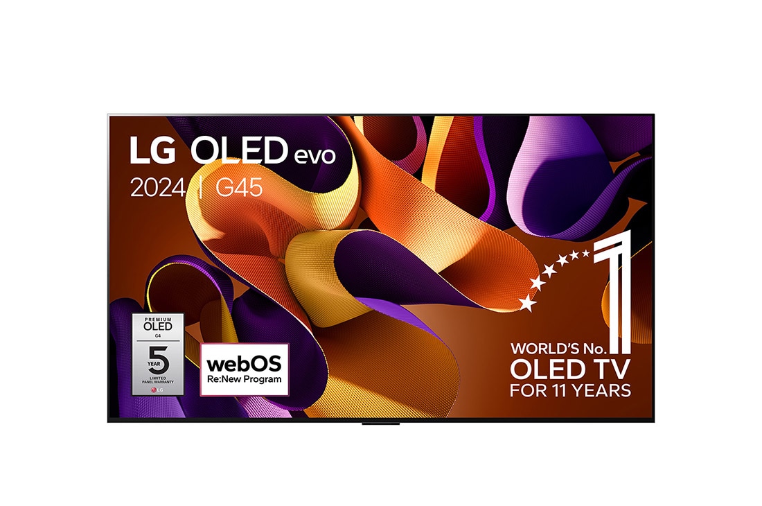 LG 65 Inch LG OLED evo G4 4K Smart TV 2024, Vooraanzicht met LG OLED evo TV, OLED G4, 11 jaar wereldwijd nummer 1 OLED-embleem, en 5 jaar paneelgarantielogo op het scherm, OLED65G45LW