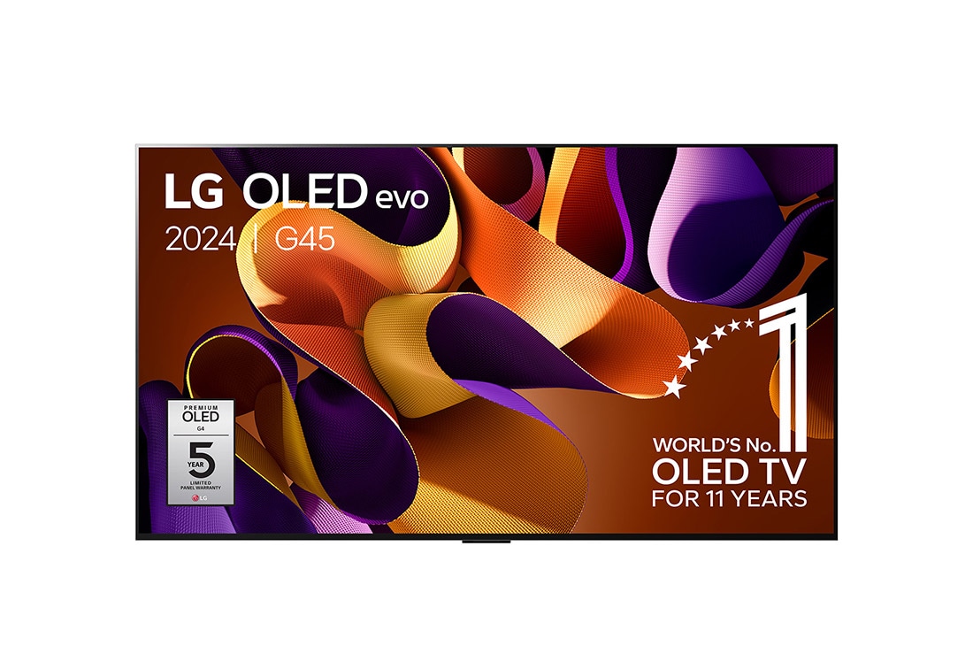 LG 83 Inch LG OLED evo G4 4K Smart TV OLED83G4, Vooraanzicht met LG OLED evo TV, OLED G4, 11 jaar wereldwijd nummer 1 OLED-embleem, en 5 jaar paneelgarantielogo op het scherm, OLED83G45LW