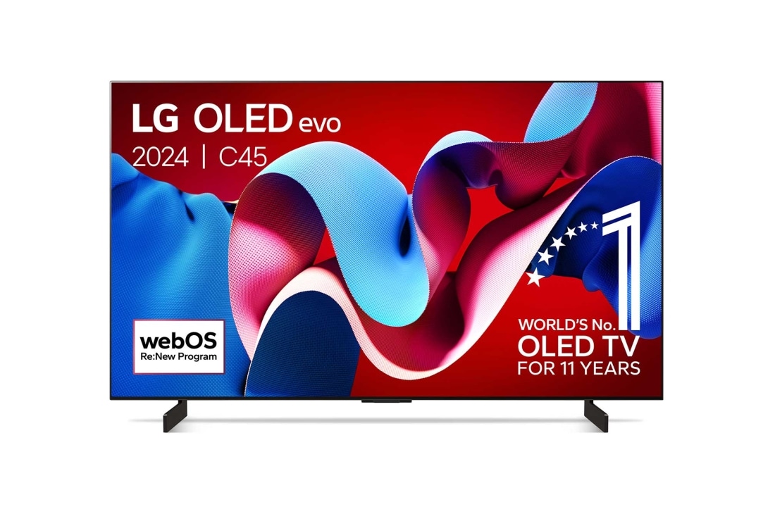 LG 42 Inch LG OLED evo C4 4K Smart TV 2024, Vooraanzicht van LG OLED evo TV, OLED C4, 11 jaar wereldwijd nummer 1 OLED-embleem en webOS Re:New Program-logo op het scherm, OLED42C45LA