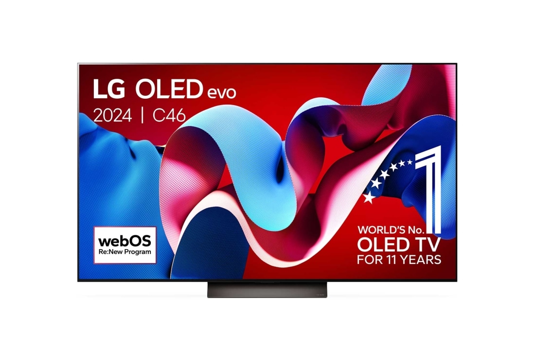 LG 65 Inch LG OLED evo C4 4K Smart TV 2024, Vooraanzicht van LG OLED evo TV, OLED C4, 11 jaar wereldwijd nummer 1 OLED-embleem en webOS Re:New Program-logo op het scherm, OLED65C46LA