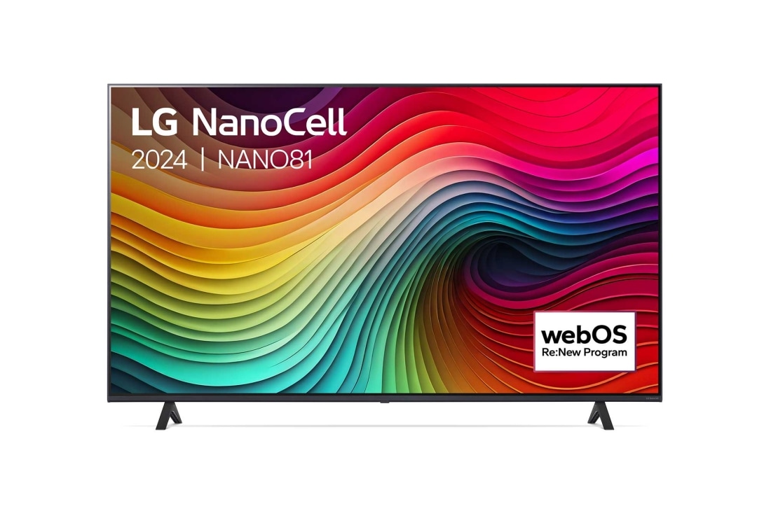 LG 55 Inch LG NanoCell NANO81 4K Smart TV 2024, Vooraanzicht van LG NanoCell TV, NANO81 met tekst van LG NanoCell, 2024, en webOS Re:New Program-logo op het scherm, 55NANO81T6A