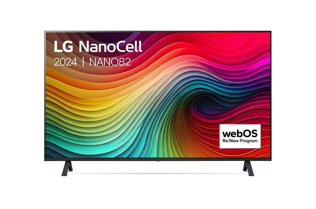LG 43 Inch LG NanoCell NANO82 4K Smart TV 2024, Vooraanzicht van LG NanoCell TV, NANO82 met tekst van LG NanoCell, 2024, en webOS Re:New Program-logo op het scherm, 43NANO82T6B