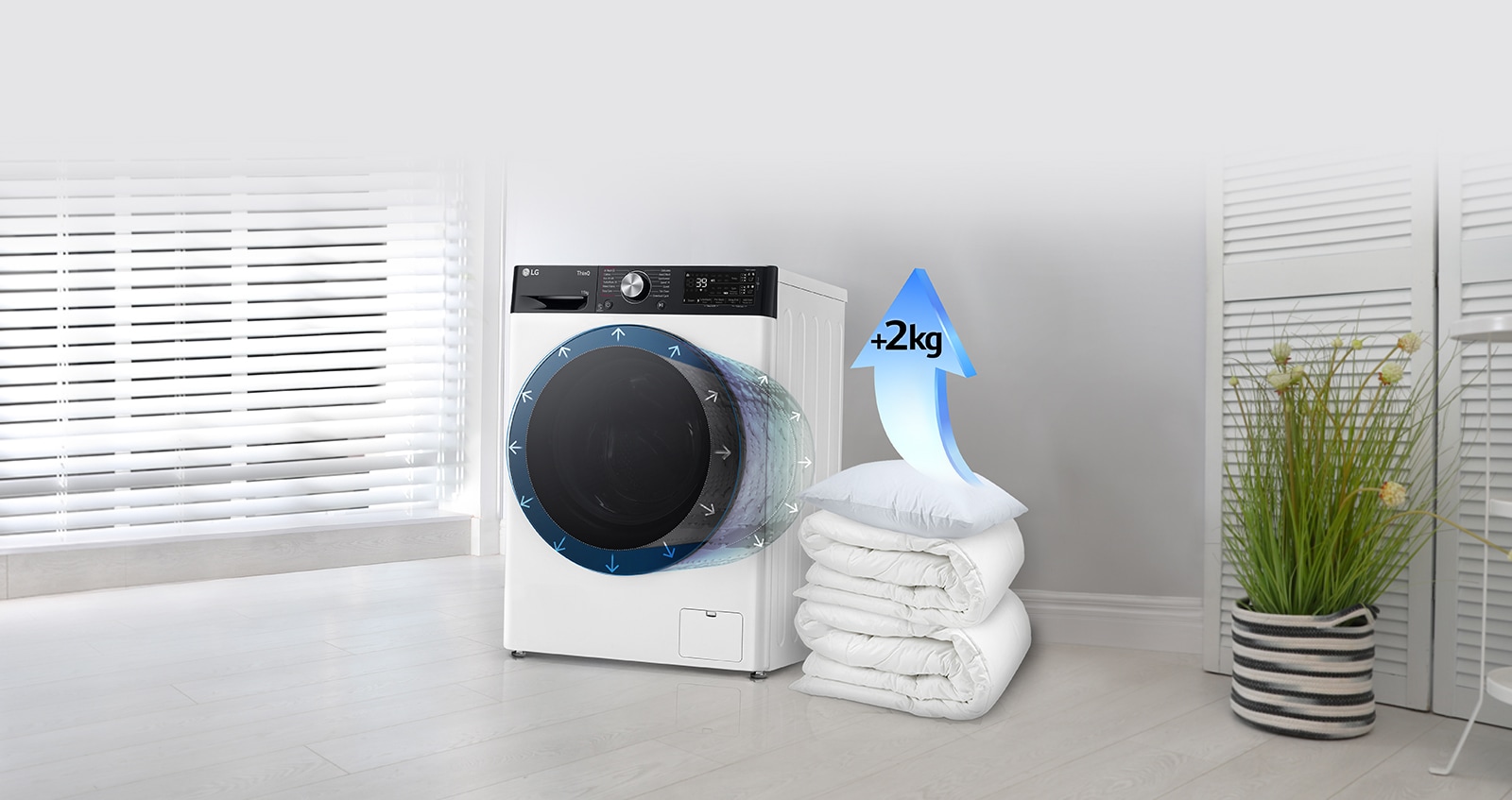Dekens en kussens liggen naast de wasmachine, en op het kussen staat een pijl die het gewicht van het kussen met 2 kg verhoogt.