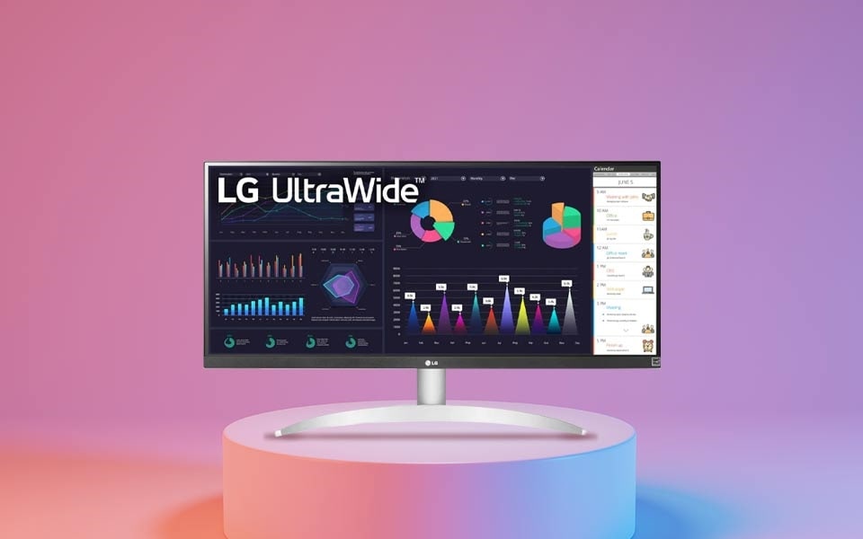 Een 34" LG 21:9 UltraWide Full HD IPS monitor met blauw licht filter.