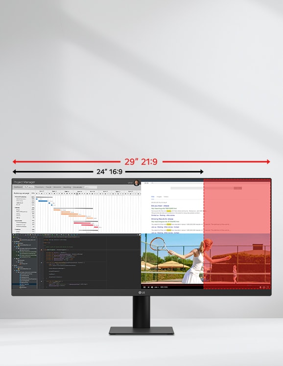 Ultrabred 29-tommers LG-skjerm som illustrerer forskjellen mellom sideforholdene 21:9 og 16:9, med flere programmer vist side om side for multitasking.	