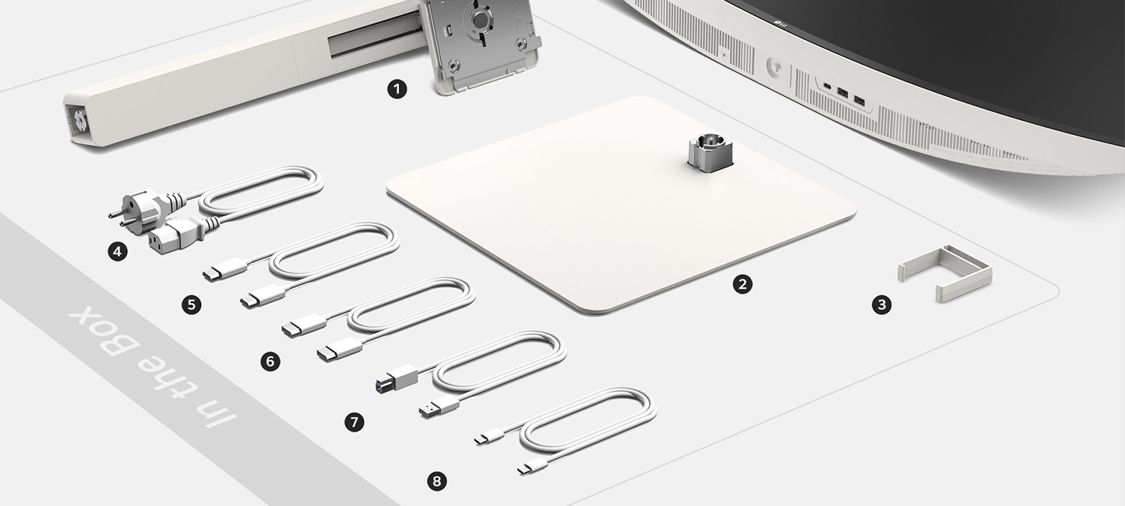 Stativkropp, stativbase, kabelholder, strømkode, HDMI-kabel, DP-kabel, USB A til B-kabel og USB C til C-kabel i esken.