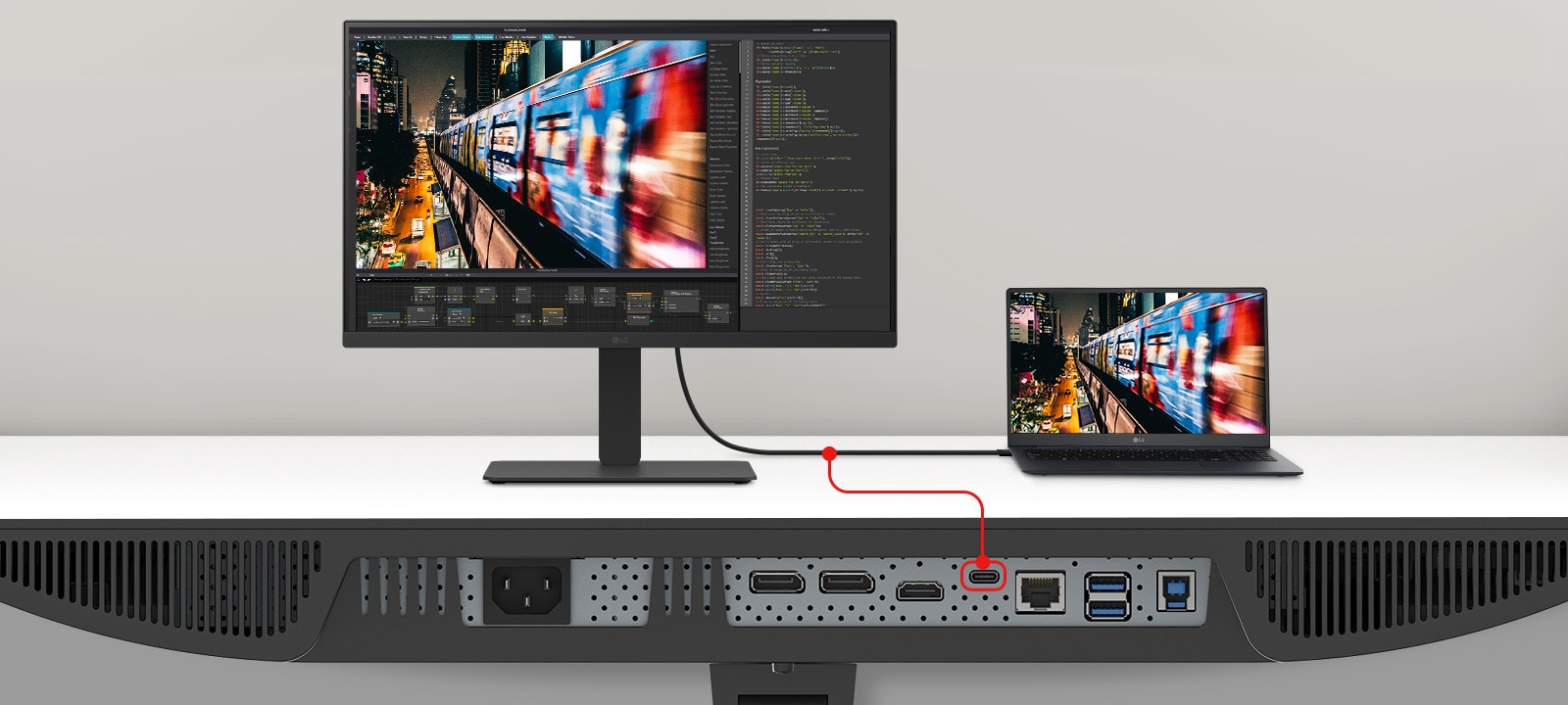 Et bilde av en bærbar PC og en skjerm som er koblet sammen med én enkelt USB-C-kabel.