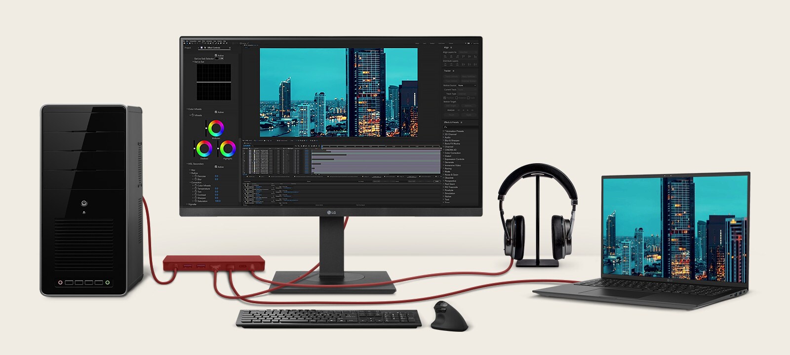 Et bilde av en bærbar PC og en skjerm som er koblet sammen med én enkelt USB Type-C-kabel.