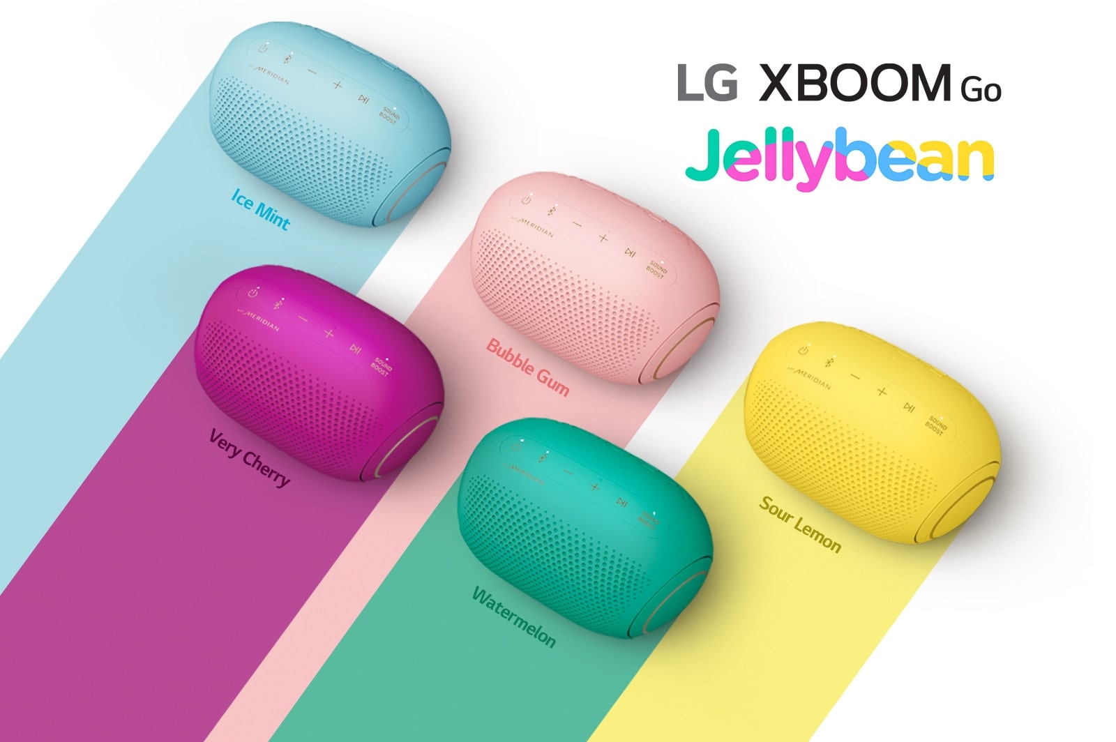 Five colors of the LG XBOOM Go PL2 Jellybean series are shown on a white background.