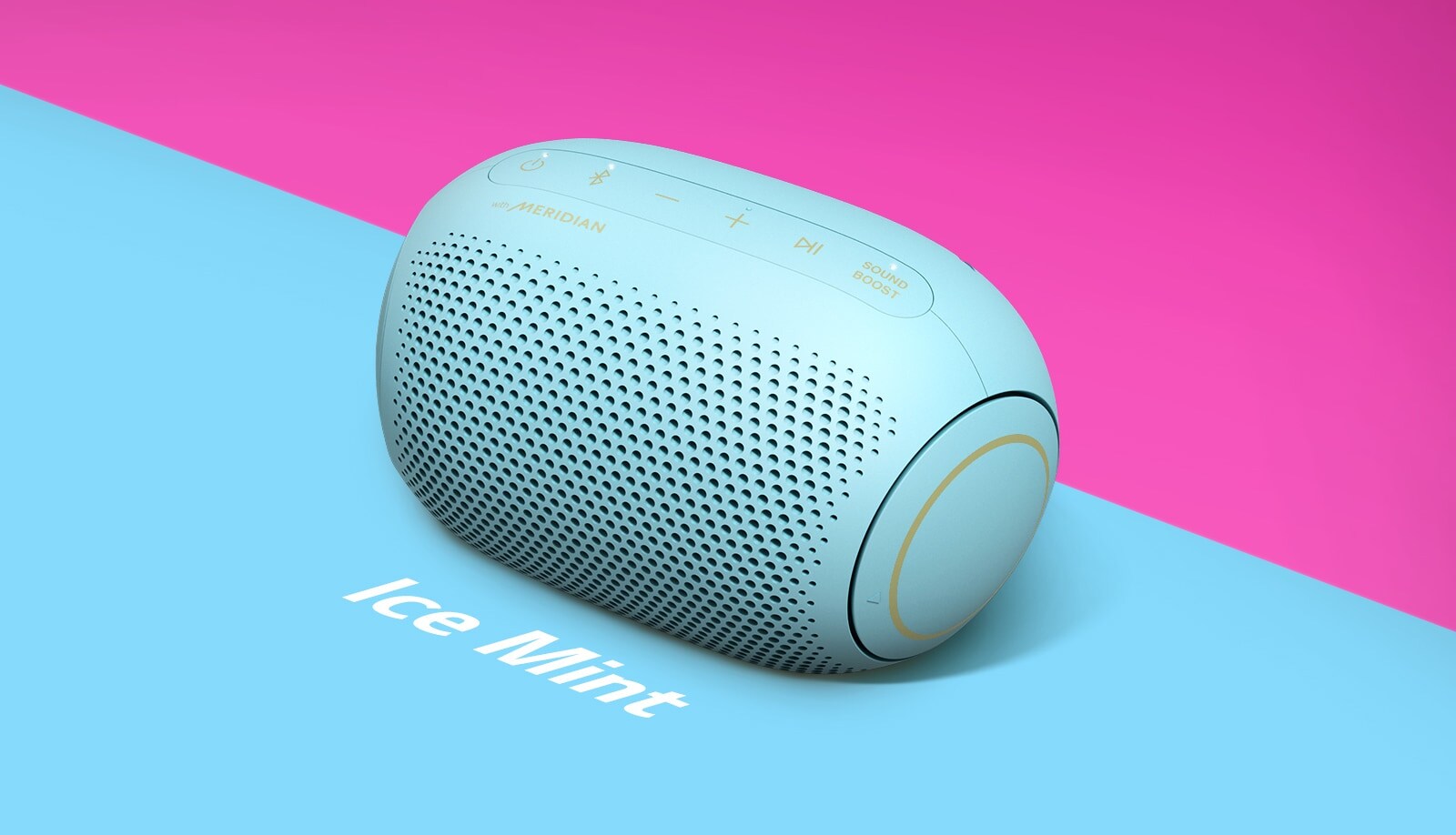 An ice mint flavored Jellybean of LG XBOOM Go PL2B is place on a blue and orange background.