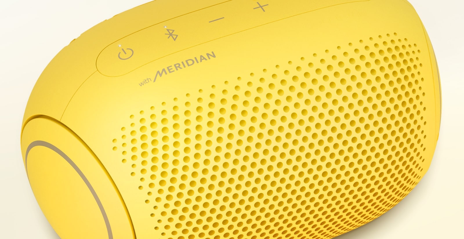 A close-up view of the Meridian logo on an LG XBOOM Go PL2S