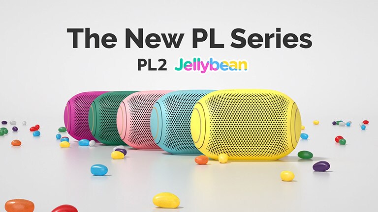 A front view of five colored jelly beans lined up behind each other.