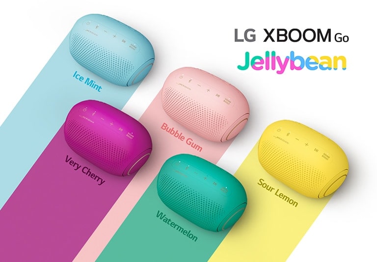 Five colors of the LG XBOOM Go PL2 Jellybean series are shown on a white background.