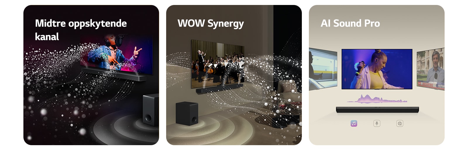 LG Soundbar og LG TV i et svart rom som spiller en musikalsk forestilling. Hvite dråper som representerer lydbølger skyter oppover og fremover fra lydplanken, samtidig som subwooferen skaper en lydeffekt fra bunnen.  LG Soundbar og LG TV i en stue som spiller en orkesteropptreden. Hvite bølger av dråper som representerer lydbølger skyter oppover og fremover fra lydplanken og projiseres fra TV-en, samtidig som subwooferen skaper en lydeffekt nedenfra.  LG Soundbar med tre forskjellige TV-skjermer over. Den ene viser en film, en viser en konsert, og den andre viser en nyhetssending. Under lydplanken er det tre ikoner for å vise hver sjanger.
