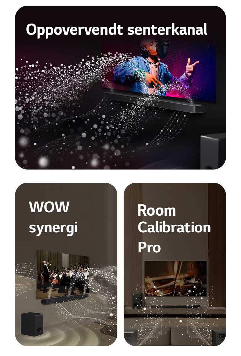 LG Soundbar og LG TV i et svart rom som spiller en musikalsk forestilling. Hvite dråper som representerer lydbølger skyter oppover og fremover fra lydplanken, samtidig som subwooferen skaper en lydeffekt fra bunnen.  LG Soundbar og LG TV i en stue som spiller en orkesteropptreden. Hvite bølger av dråper som representerer lydbølger skyter oppover og fremover fra lydplanken og projiseres fra TV-en, samtidig som subwooferen skaper en lydeffekt nedenfra.  LG Soundbar, LG TV, bakhøyttalere og en subwoofer er i en stue. Et rutenettoverlegg vises over rommet, som en skanning av rommet. Hvite lydbølger laget av dråper kommer ut fra frontperspektivet til bakhøyttalerne.