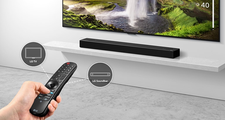 Det er en fjernkontroll i noens hånd, som kontrollerer TV og lydplanken bak. Det er ikoner av LG TV og LG lydplanke. 