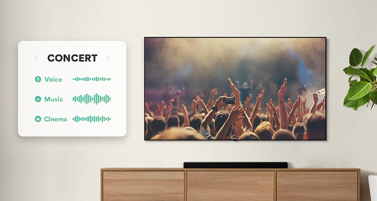 TVen er på veggen. TV viser mennesker som klapper på en konsert, kanalen byttes til en filmscene med en bil som kjører i en skog, kanalen byttes nok en gang, nå til nyheter med en nyhetsanker som snakker. LG Lydplanke er like under TV på en beige hylle.