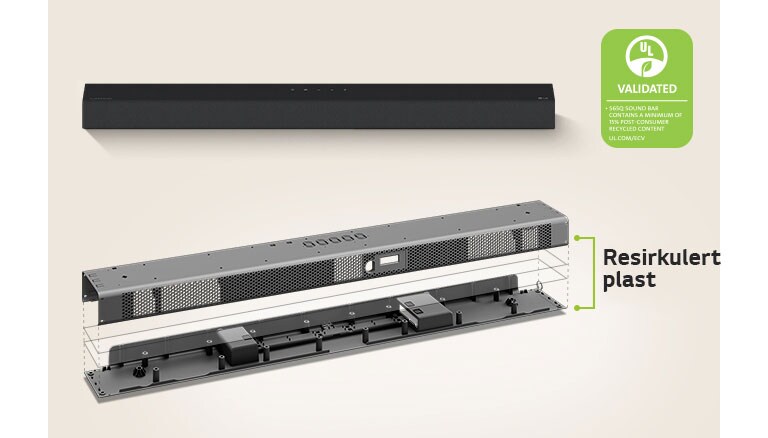 Visning forfra av en lydplanke bakerst, og et metallrammebilde av lydplanken i front.