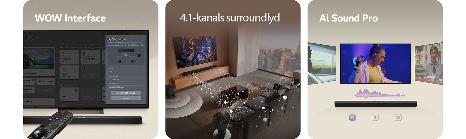 LG Remote peker mot en LG TV med en LG Soundbar under. LG TV-en viser WOW Interface-menyen på skjermen.