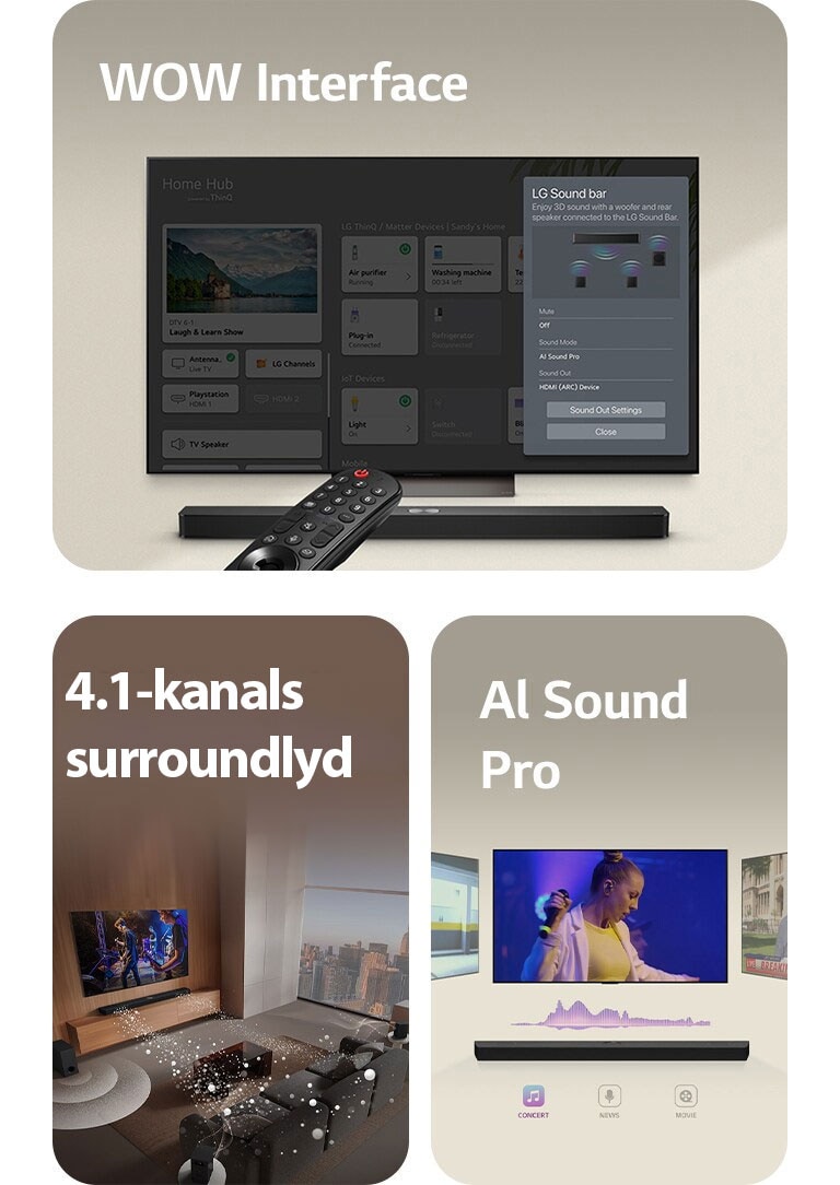 LG Remote peker mot en LG TV med en LG Soundbar under. LG TV-en viser WOW Interface-menyen på skjermen.