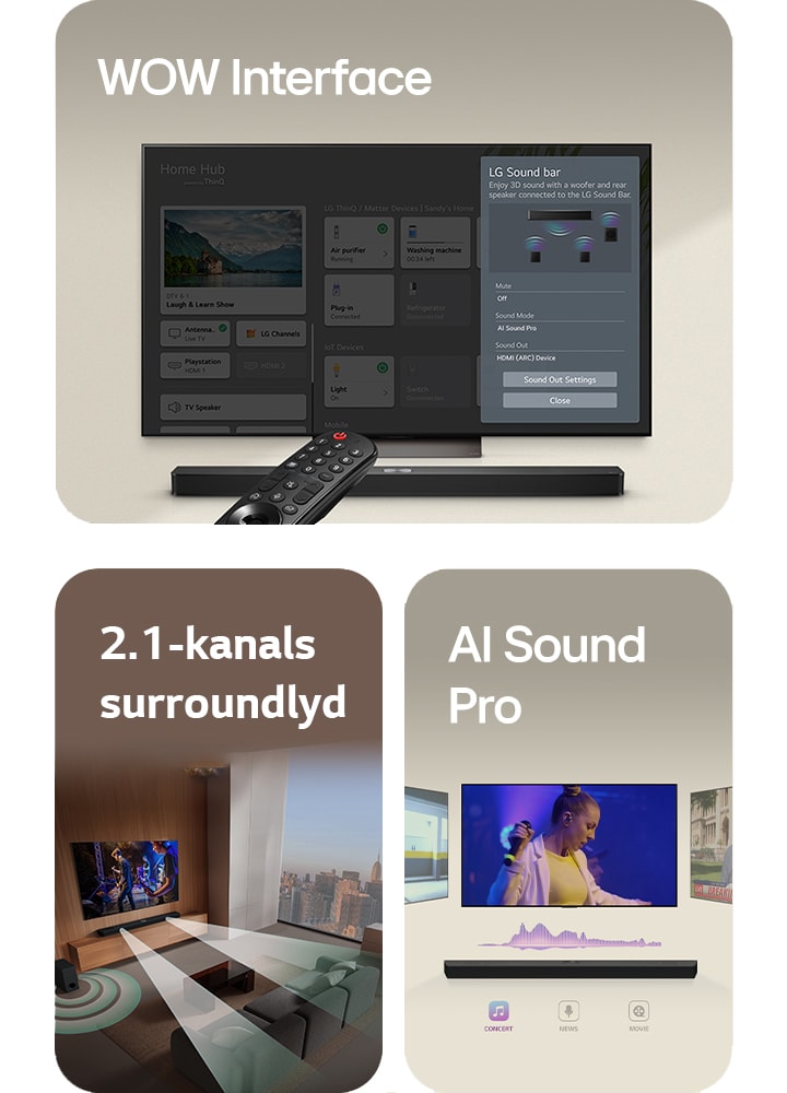 LG-fjernkontroll peker mot en LG TV med LG Soundbar under. LG TV viser WOW Interface-menyen på skjermen.  LG Soundbar, LG TV og subwoofer er i en stue som viser skjermbilde der det spilles en musikalsk forestilling. To grener av hvite lydbølger bestående av dråper projiserer fra soundbaren og en subwoofer skaper en lydeffekt nedenfra.  LG Soundbar med tre forskjellige TV-skjermer over. Den ene viser en film, en viser en konsert, og den andre viser en nyhetssending. Under soundbaren er det tre ikoner for å vise hver sjanger.
