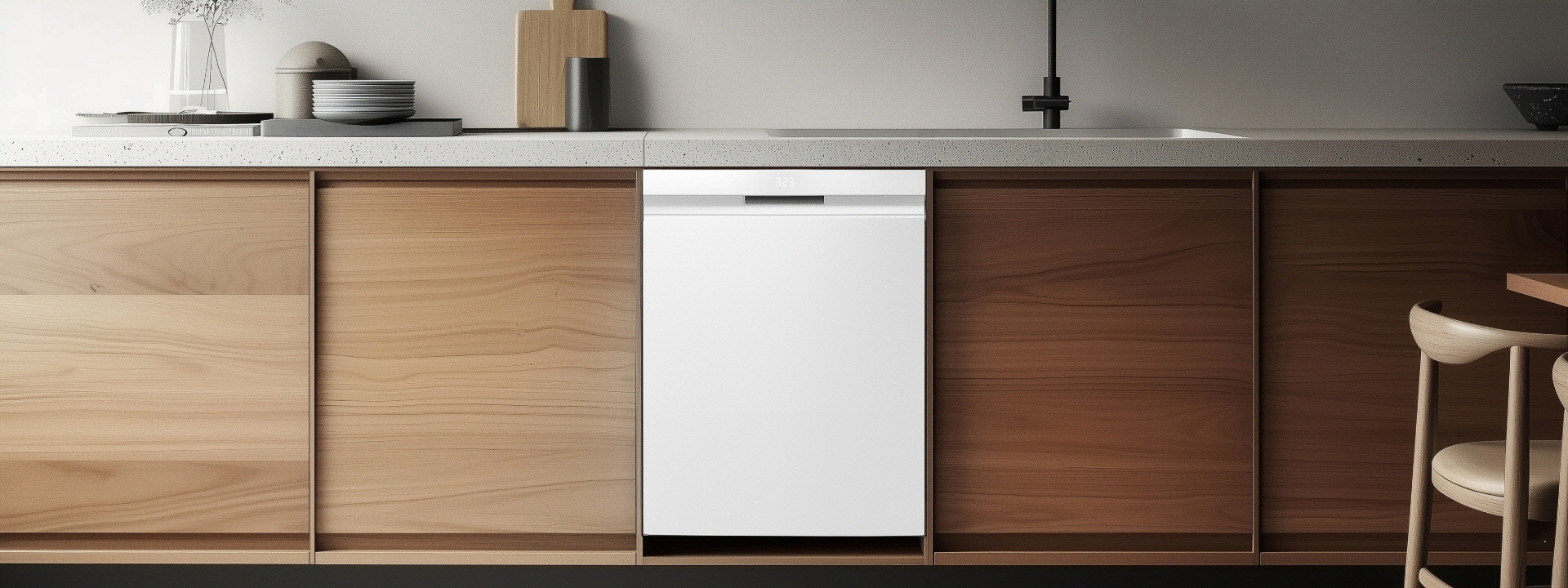 Livsstilsbilde av en integrert oppvaskmaskin installert i et kjøkken med treinnredning.