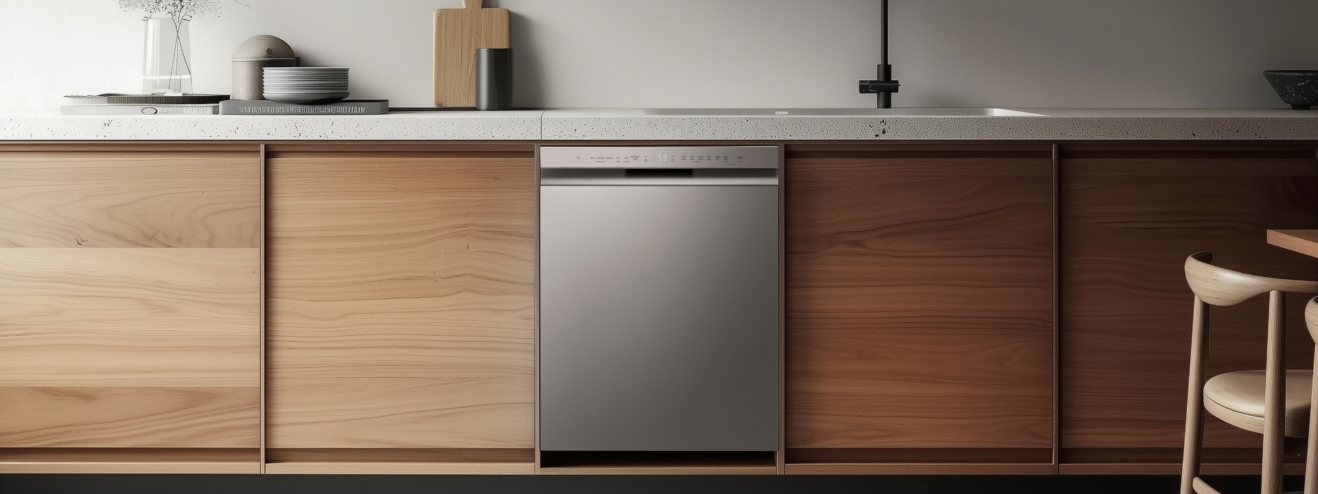 Livsstilsbilde av en integrert oppvaskmaskin installert i et kjøkken med treinnredning.