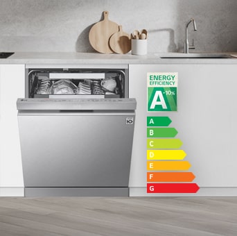 LG integrert oppvaskmaskin i et hvitt kjøkken, delvis åpen. Merkelapp A-10 % angir energiklasse A-10 % for energieffektivitet.