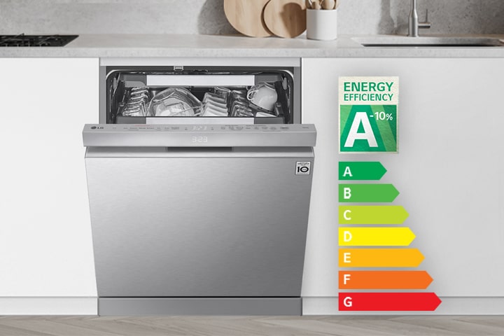 LG integrert oppvaskmaskin i et hvitt kjøkken, delvis åpen. Merkelapp A-10 % angir energiklasse A-10 % for energieffektivitet.
