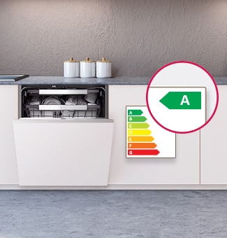 Innebygd oppvaskmaskin med delvis åpnet dør og A-klasse energimerking.