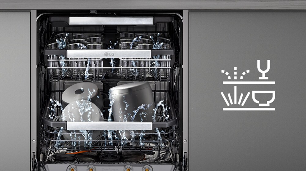 Oppvaskmaskininteriør med øvre stativ vask forsiktig og nedre stativ vask kraftig.