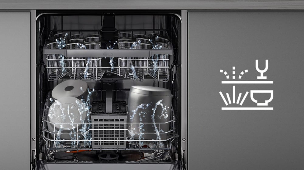 Oppvaskmaskininteriør med forsiktig vask i øvre stativ og kraftig vask i nedre stativ.