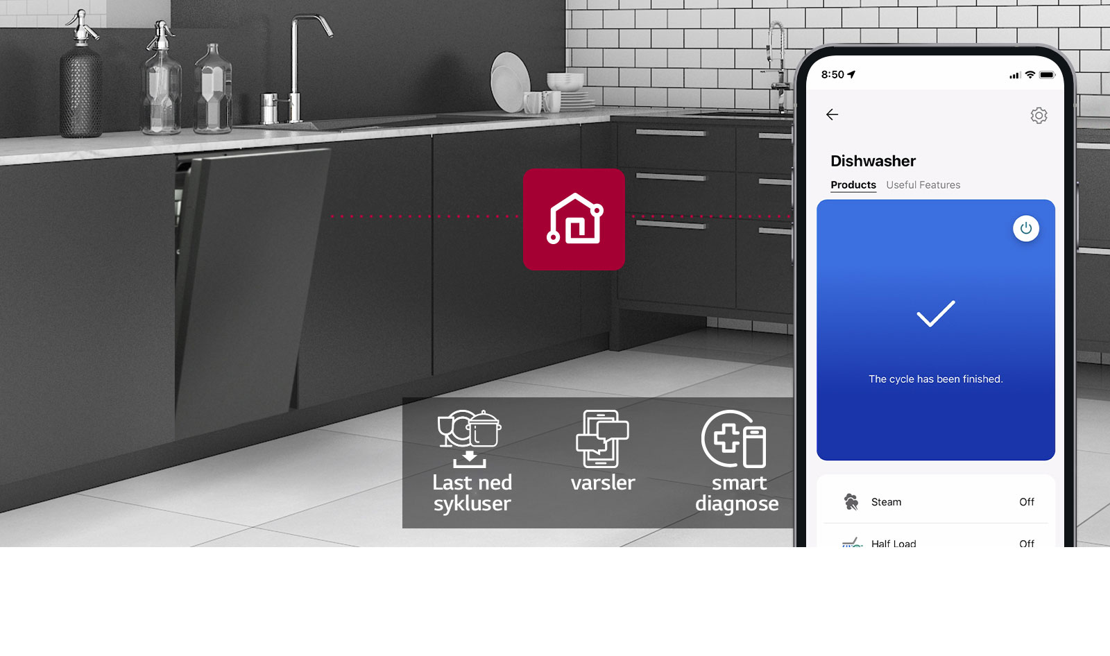 En smarttelefon viser LG ThinQ™ på et kjøkken sammen med 3 appfunksjoner: Last ned sykluser, varsler og smart diagnose. 