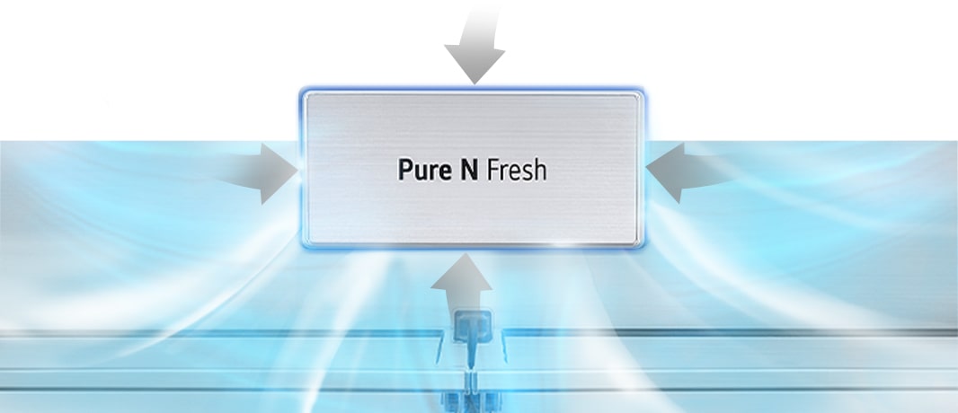 Merket Pure N Fresh og en grå pil, som betyr stank, trekkes inn i Pure N Fresh, og ren kald luft sprer seg.
