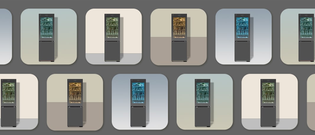 Bilder av flerfargede bakgrunner og kjøleskap.