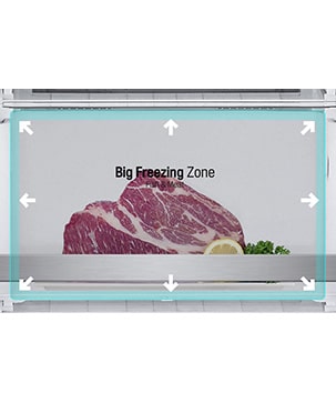 Stort frysesoneområde inne i kjøleskapet.