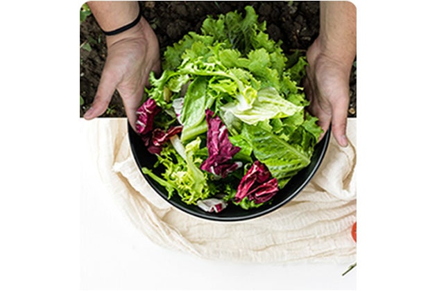 Hender som holder en bolle fylt av friske grønnsaker på et bord.