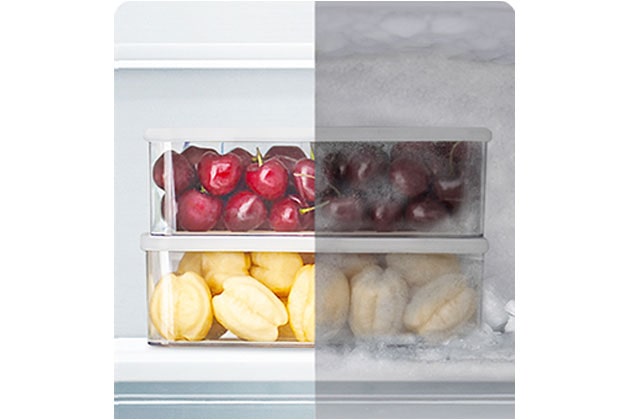 Sammenligning av beholdere for frossen frukt uten og med frost.