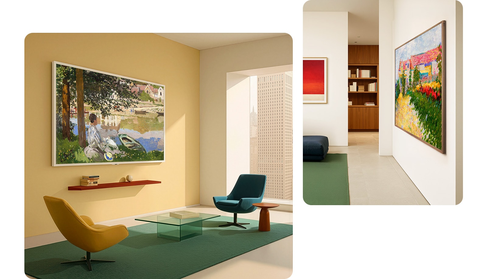 LG Galleri-TV AI med ramme LX7 ART TV med slank og sømløs Veggmontering sitter tett inntil gule og hvite vegger i to ulike interiører, og viser klassiske malerier med et rent, innrammet kunstuttrykk som smelter sømløst inn i rommet.