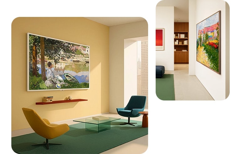 LG Galleri-TV AI med ramme LX7 ART TV med slank og sømløs Veggmontering sitter tett inntil gule og hvite vegger i to ulike interiører, og viser klassiske malerier med et rent, innrammet kunstuttrykk som smelter sømløst inn i rommet.