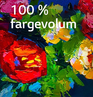 LG Galleri-TV AI med ramme LX7 ART TV med Dynamic QNED Color viser et nærbilde av et maleri med rik tekstur, der intensiverte røde, gule og grønne farger fremhever 100 % fargevolumet og bringer kunsten til live.