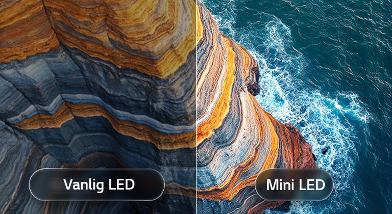 LG Galleri-TV AI med ramme LX7 ART TV mini LED fremhever hvordan mini LED gjengir skarpere steinstrukturer og klarere havdetaljer enn vanlig LED i en delt kystklippescene, og gir dypere svartnivåer og mer raffinert kontrast for større klarhet og dybde.