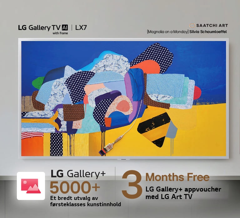 LG Gallery TV AI med ramme LX7 ART TV viser fargerike abstrakte kunstverk fra LG Gallery+ på skjermen i en galleristil-interiørsetting, og fremhever at en gratis 3-måneders LG Gallery+-voucher gir tilgang til over 5000 premiumkunstverk.