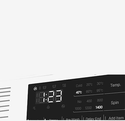 Dette er et forstørret bilde av vaskemaskinens panel, slik at displayet er godt synlig.