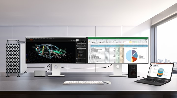 Animert sammenligning av en arbeidsstasjon med flere skjermer før og etter kabeltilkobling, som illustrerer strømlinjeformet tilkobling ved hjelp av Thunderbolt og USB-C for videoredigering, CAD og dataoppgaver.