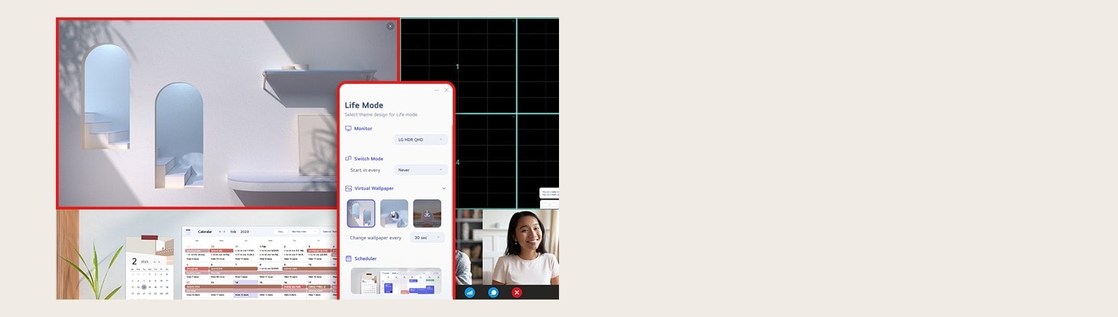 LG Switch-appen hjelper med å optimalisere skjermen for et effektivt arbeidsmiljø, som å dele skjermen inn i seks områder, administrere tidsplaner, eller enkelt starte videokonferanseplattformen ved hjelp av tilordnede hurtigtaster.