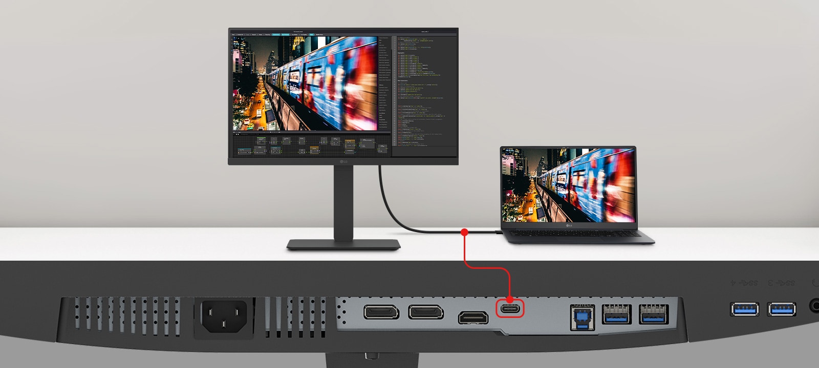 Et bilde av en bærbar PC og en skjerm som er koblet sammen med én enkelt USB Type-C-kabel.