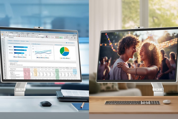 På bildet til venstre viser en LG Smart Monitor Swing ulike diagrammer på et kontor, mens på bildet til høyre spiller en LG Smart Monitor Swing en film hjemme.