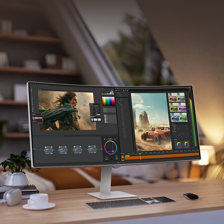 Det viser en astronaut og et fargerikt abstrakt bilde med levende 4K UHD-farger.