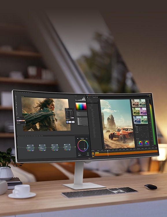 Det viser en astronaut og et fargerikt abstrakt bilde med levende 4K UHD-farger.